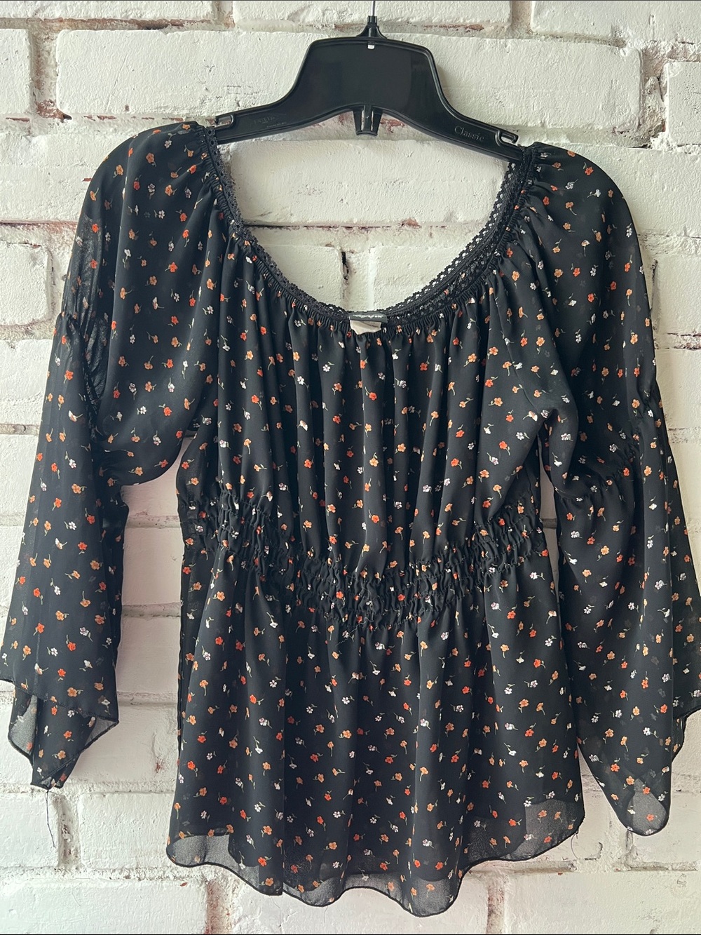 Black Floral Smocked-Waist Peasant Blouse